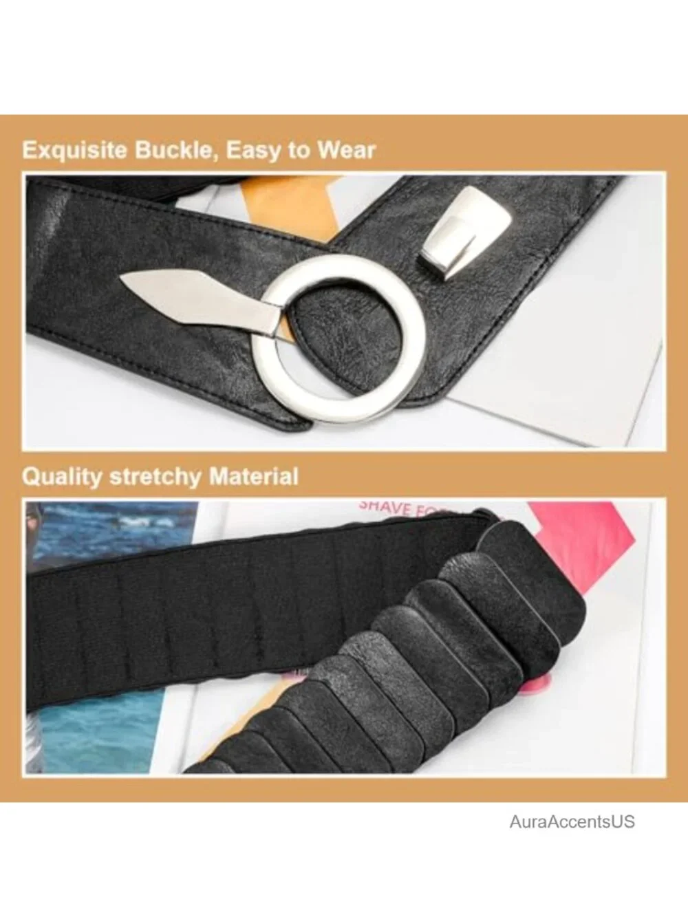 Wide Elastic Waist Belt Faux Leather Stretch Retro Waistband for Dresses